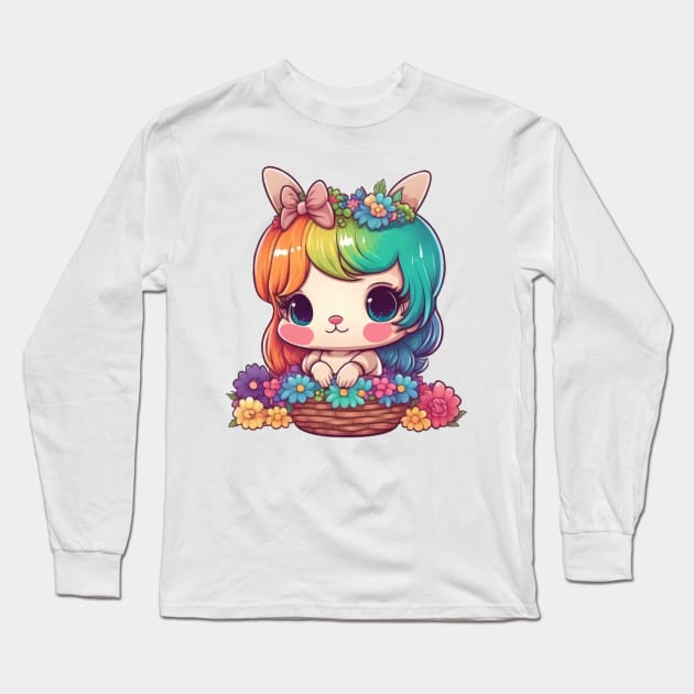 Kawaii Easter Bunny Girl In Basket With Spring Rainbow Flowers Long Sleeve T-Shirt by ElenaDro